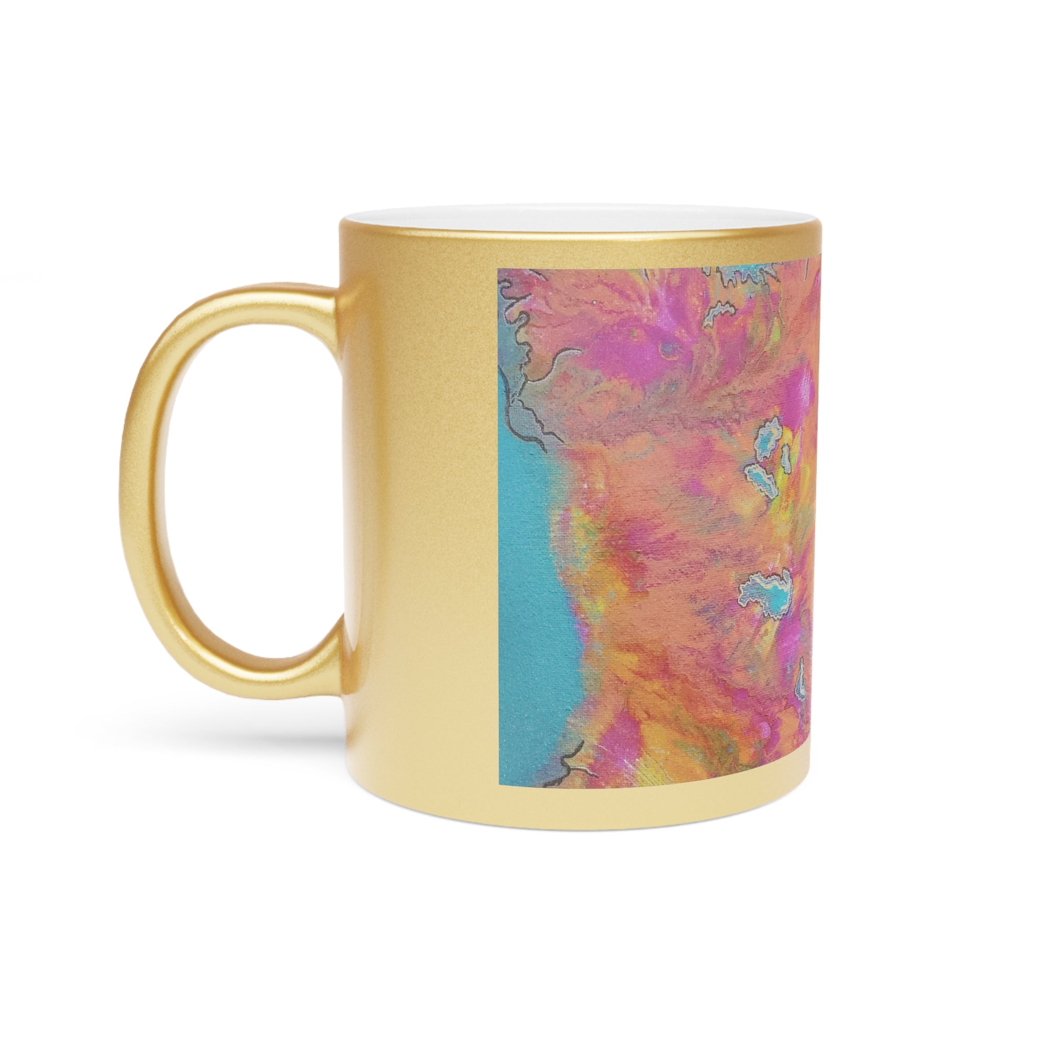 Gold Metallic Mug with Vibrant Abstract Marble Art — Colorful Swirl Coffee Cup