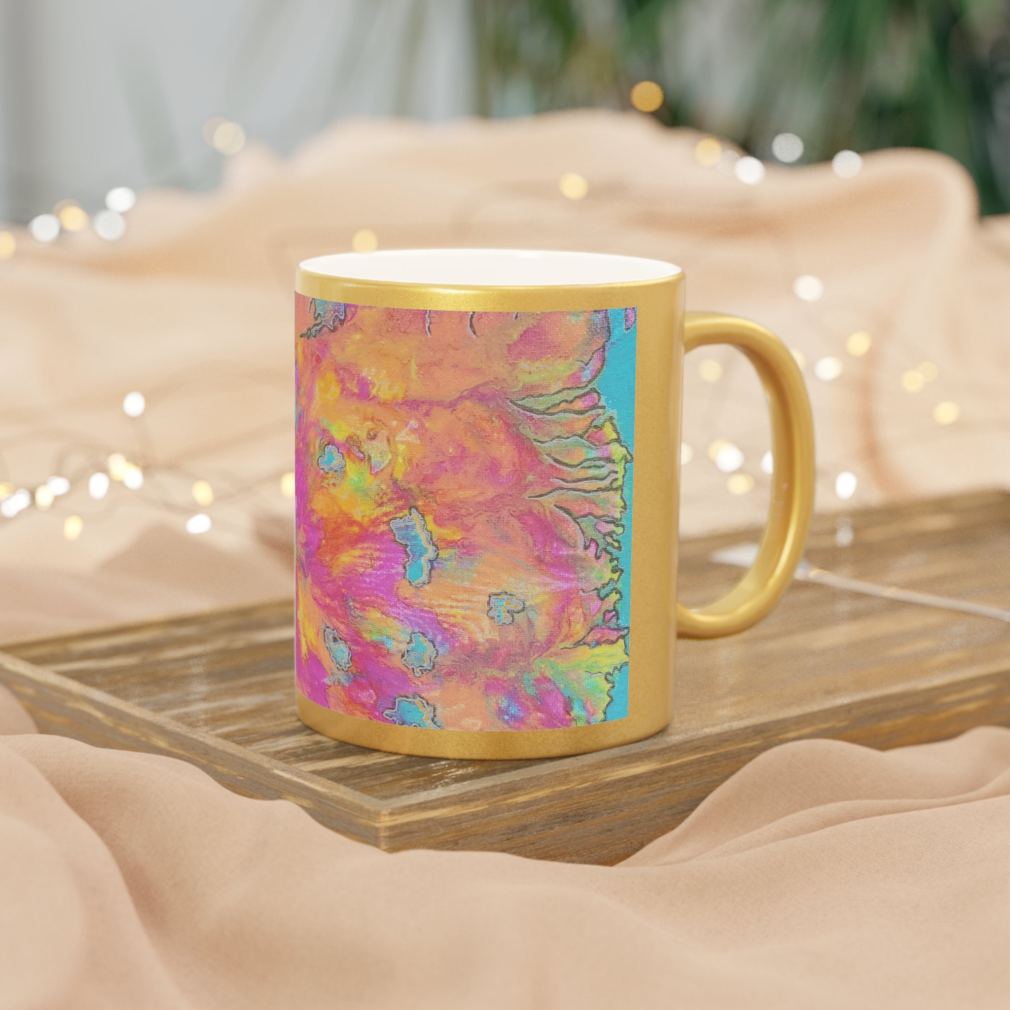Gold Metallic Mug with Vibrant Abstract Marble Art — Colorful Swirl Coffee Cup