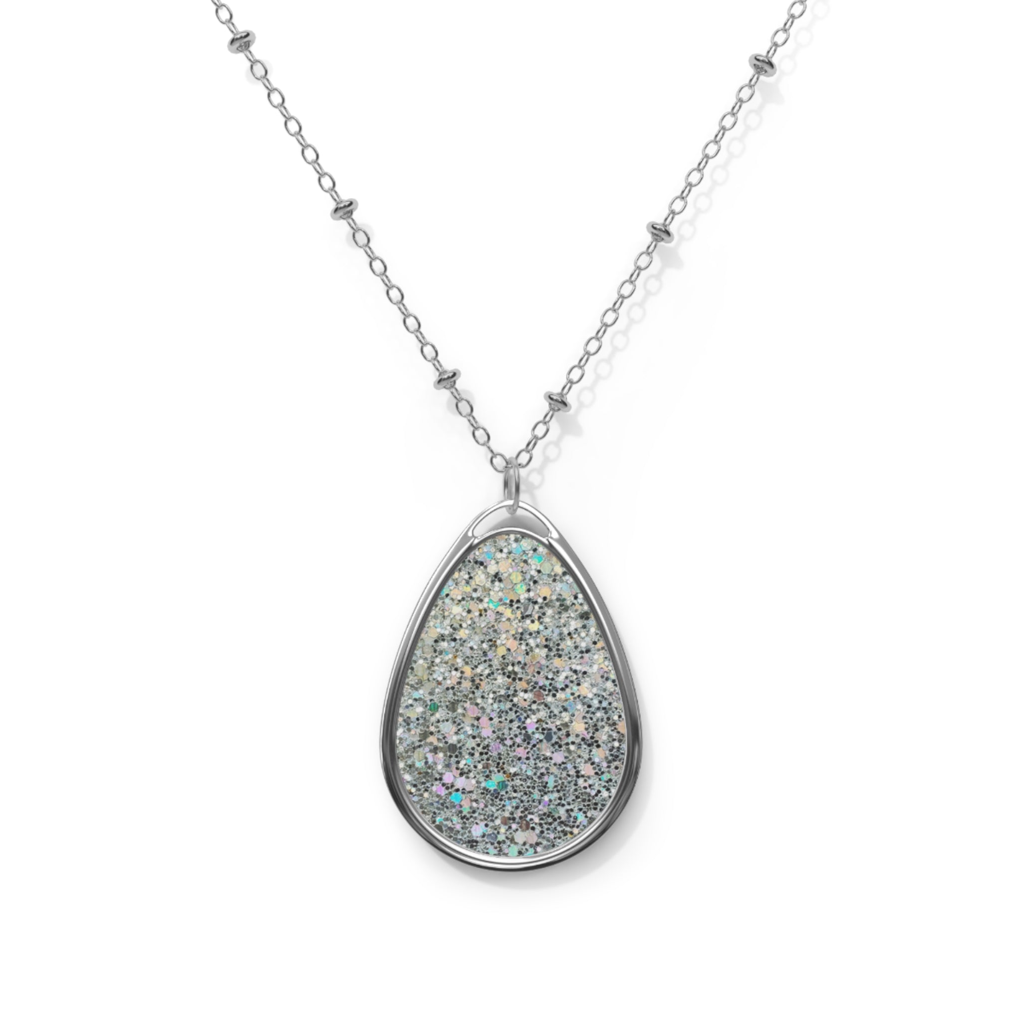 Silver Teardrop Glitter Necklace — Sparkling Oval Pendant on Delicate Chain
