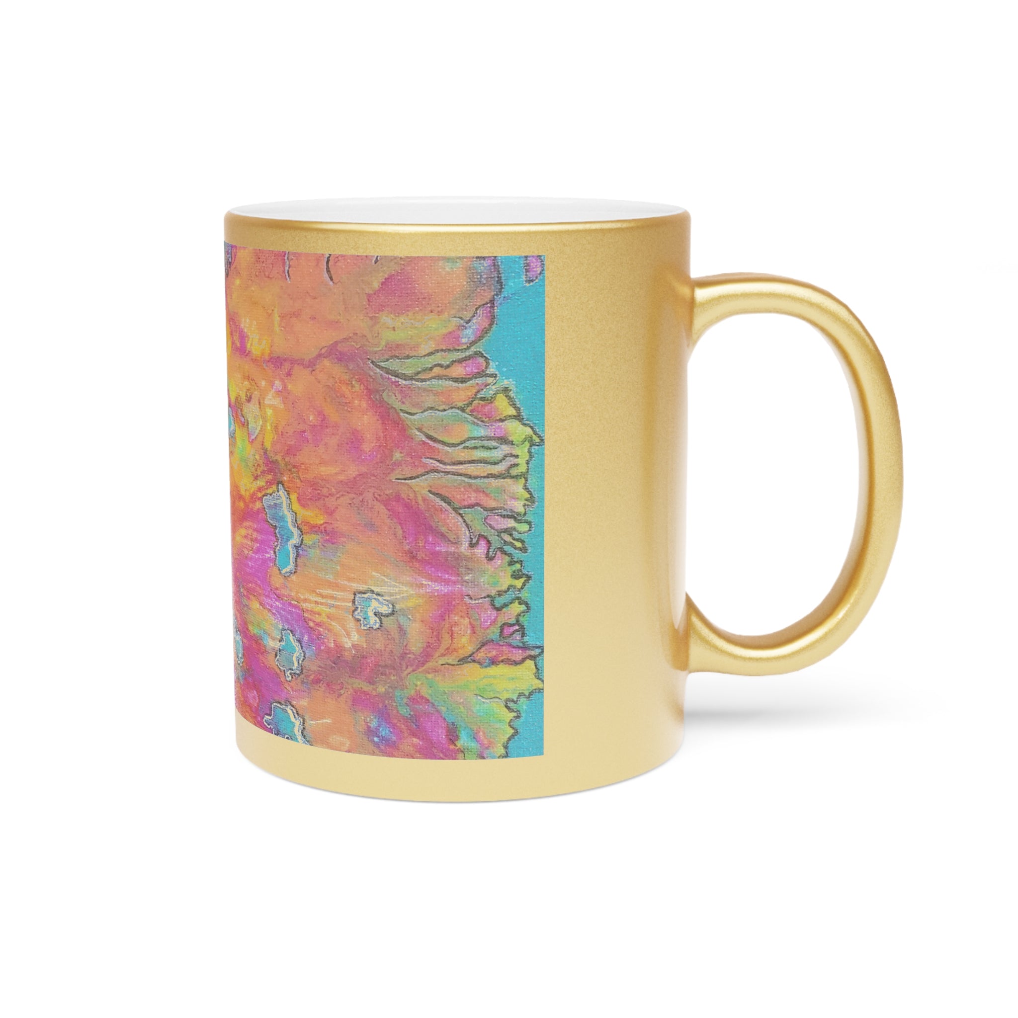 Gold Metallic Mug with Vibrant Abstract Marble Art — Colorful Swirl Coffee Cup