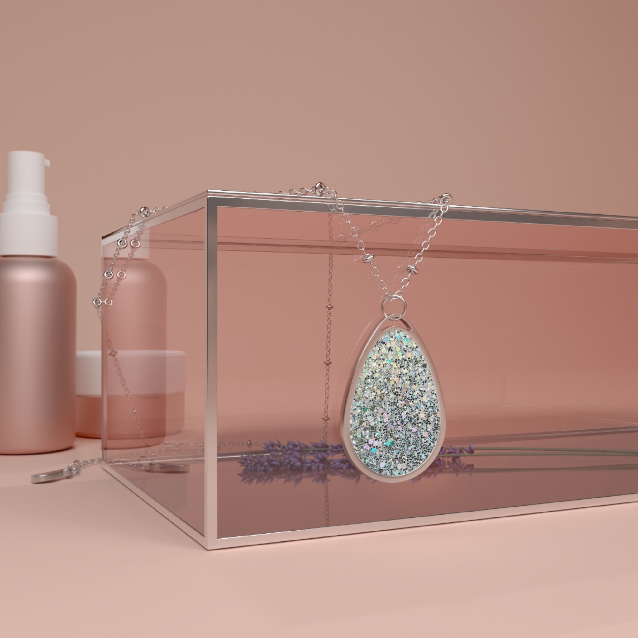 Silver Teardrop Glitter Necklace — Sparkling Oval Pendant on Delicate Chain