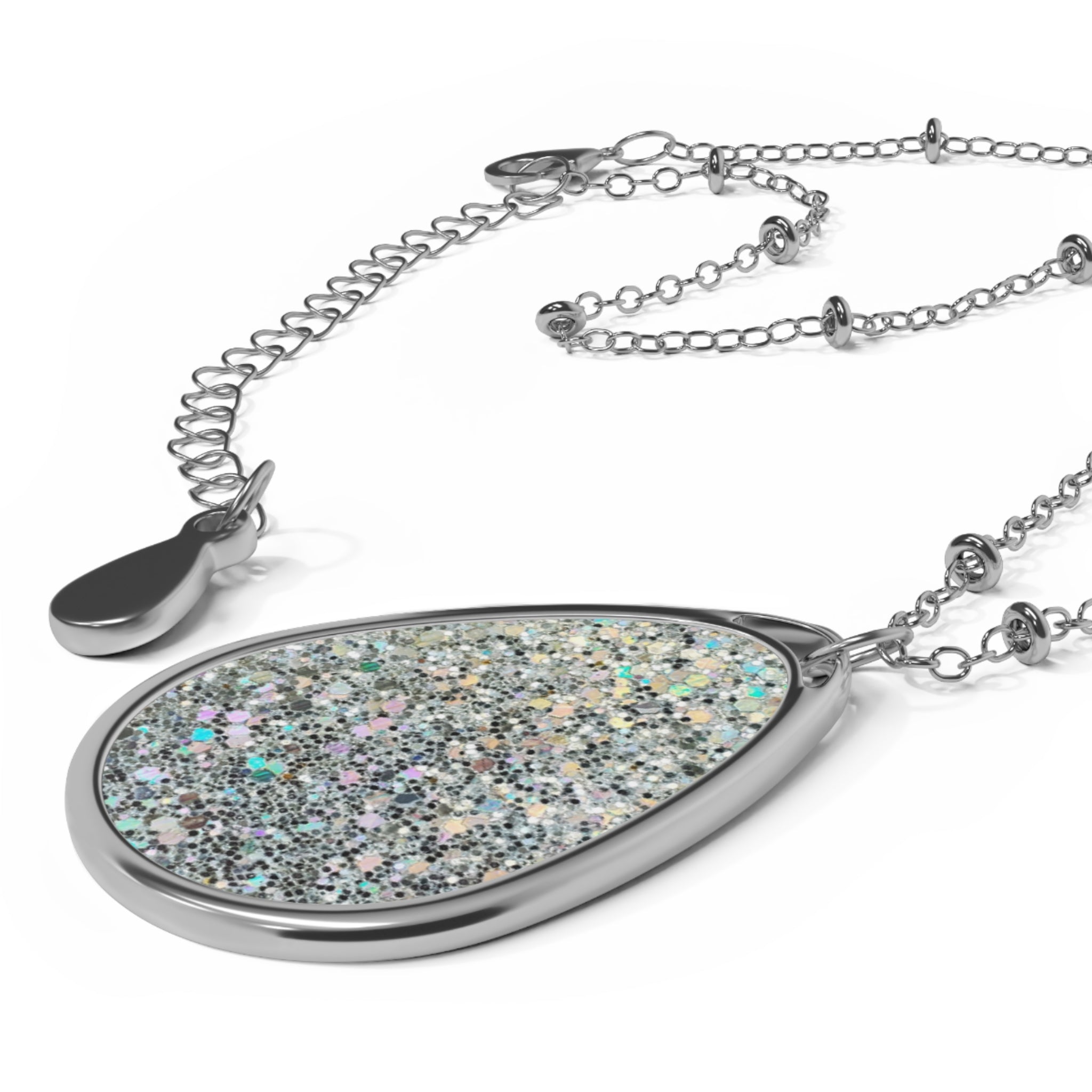 Silver Teardrop Glitter Necklace — Sparkling Oval Pendant on Delicate Chain